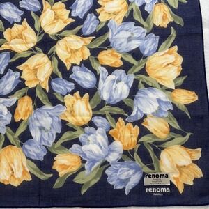 RENOMA Paris Scarf Handkerchief Floral Tulip Print Cotton Navy Blue Fashion 17"